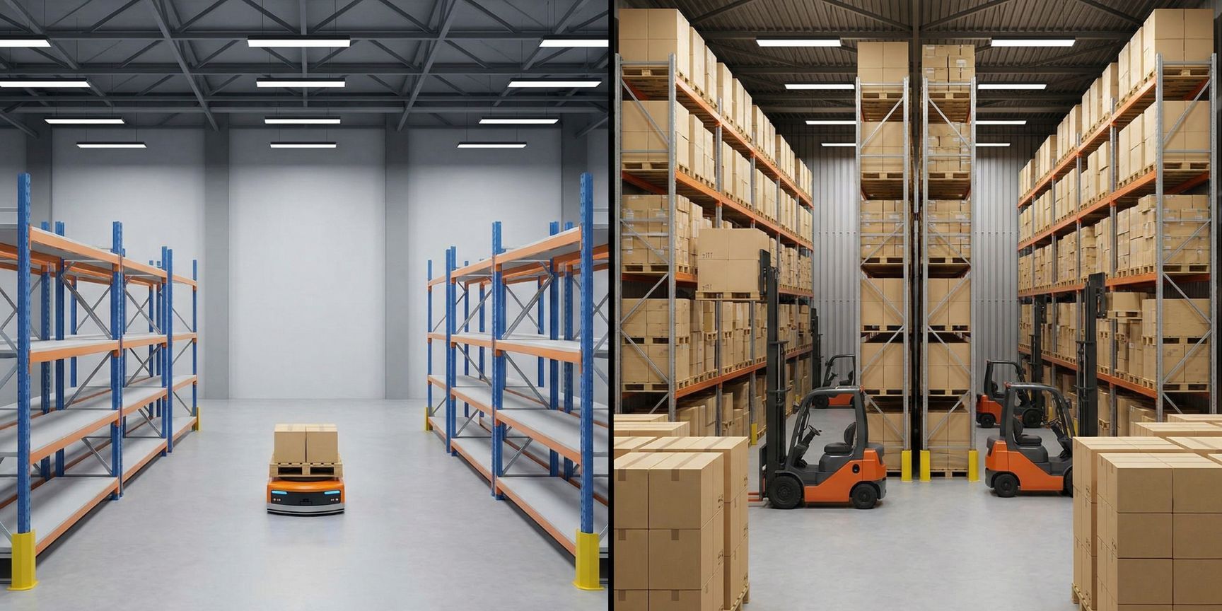 Visualization of the increased safety stock in warehouse logistics: Comparison between just-in-time (lean) and just-in-case (high storage capacity) in the specialist portal.